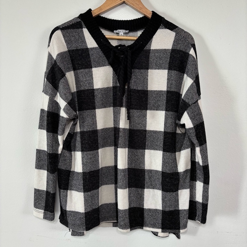 White Birch Black/White Checkered Pull Over Top W/ Tie Detail Size S